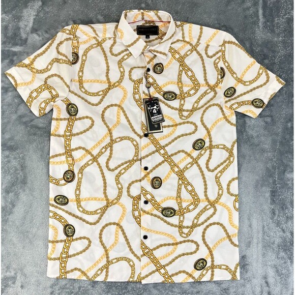 DRILL CLOTHING Baroque Gold Shirt Men's Small White Gold Chain Button-Up Stretch - Picture 1 of 11
